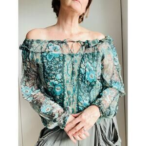Womens Vintage Sheer Floral Poet Blouse Teal/White ruffled Collar Designer